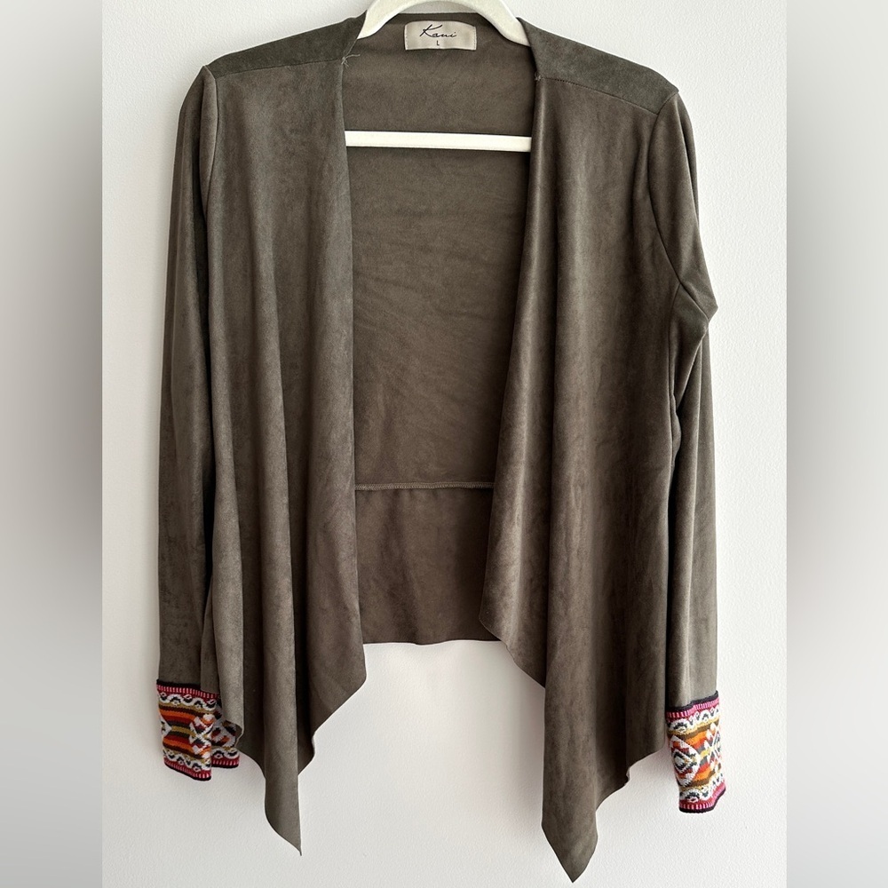 Kaui Suede Cardigan Jacket with Fabric Trim, Army Green/Multi, Size Large